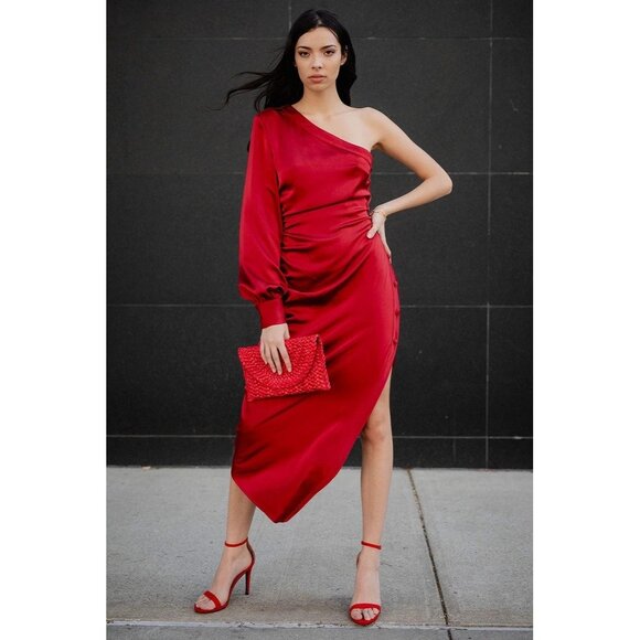 ONE33 Social Elana One-Shoulder Midi Cocktail Dress Red Size 00 US New With Tag - Picture 3 of 3